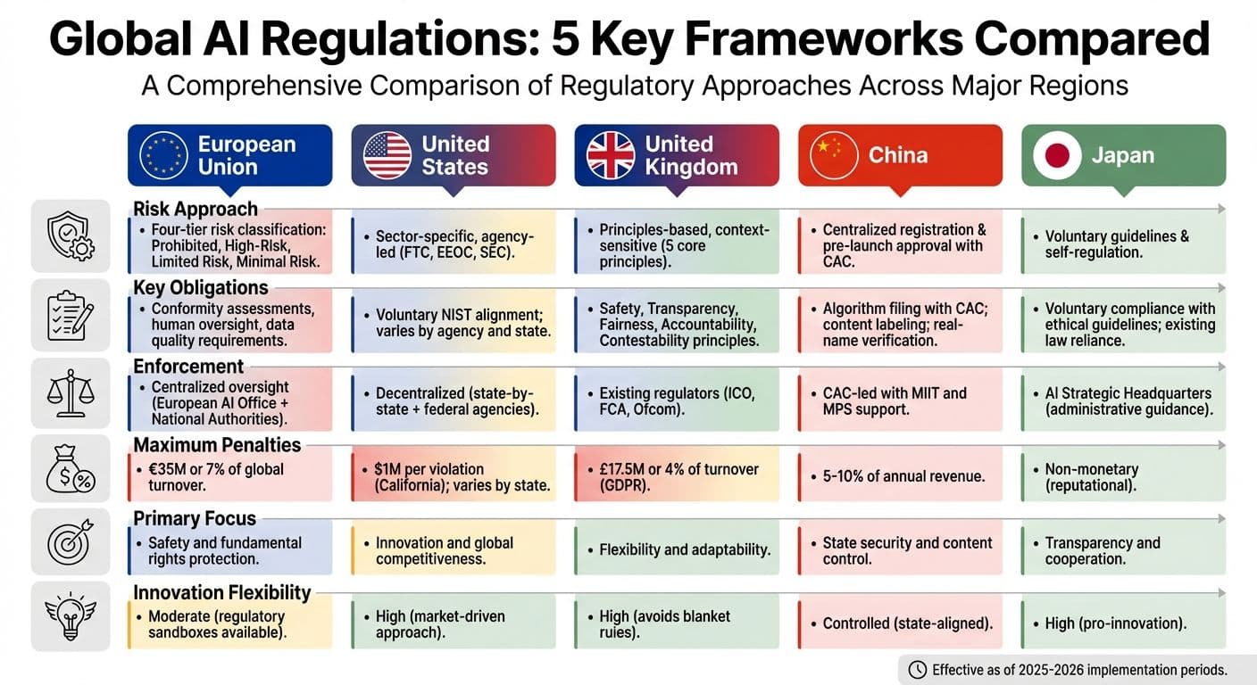 Global AI Regulations Comparison: EU, US, UK, China, and Japan Frameworks