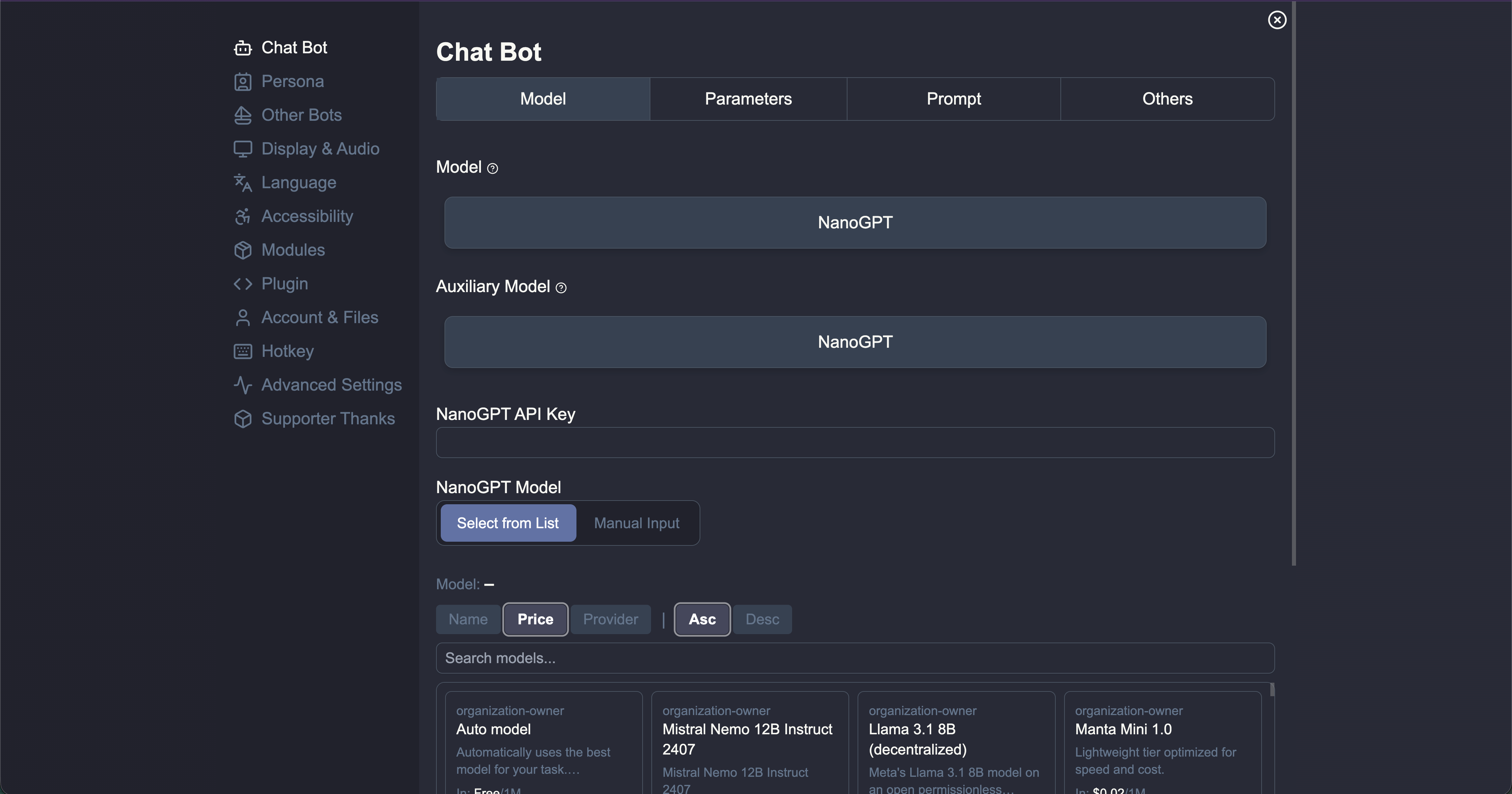 Open the Chat Bot settings panel