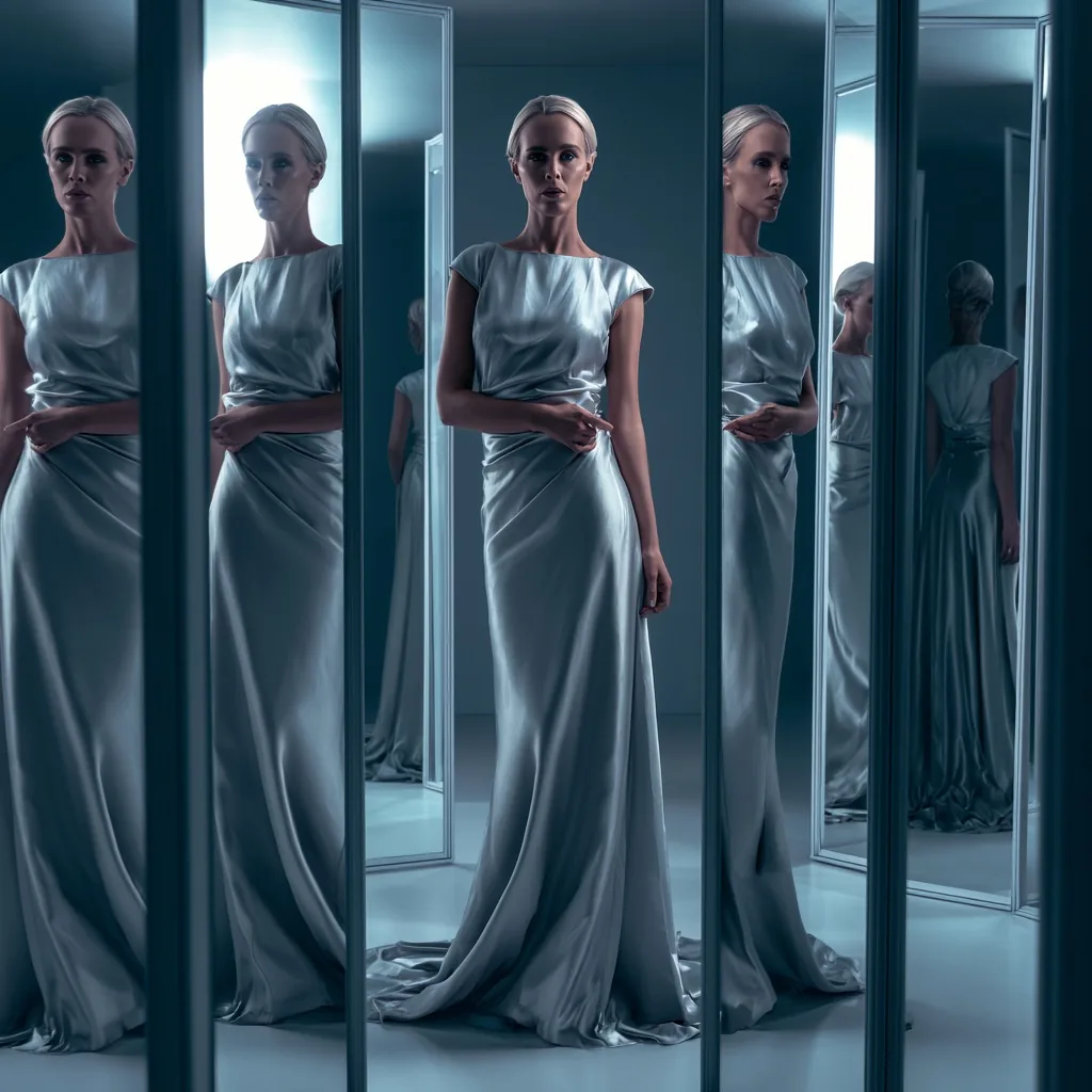 Editorial fashion portrait in a mirrored room